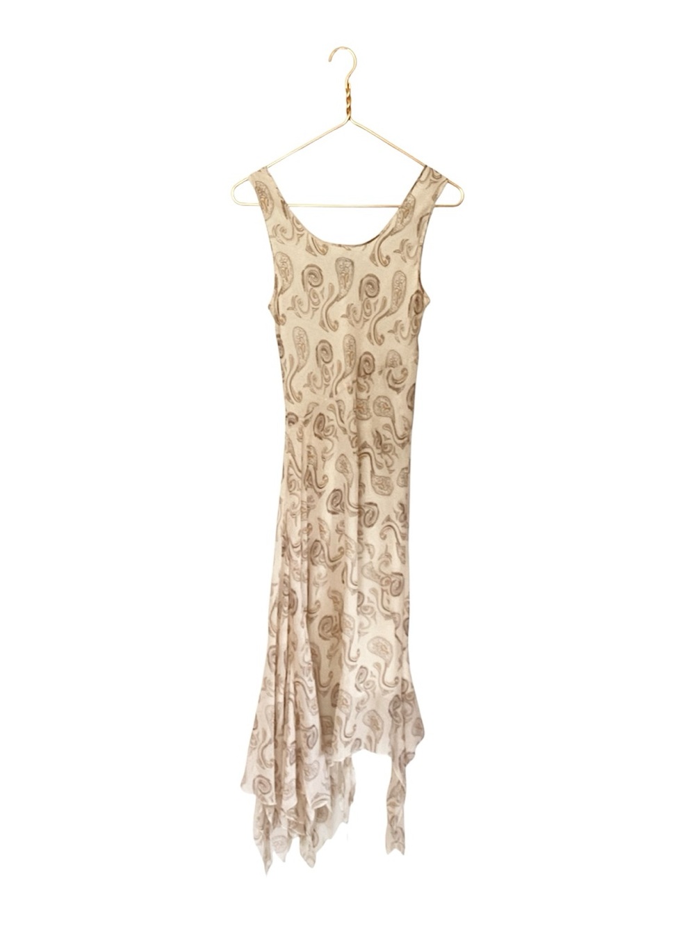 Y2K Laips 100% Silk Fairy Boho Beige Brown Paisley Print Romanitc Dress Sz M
